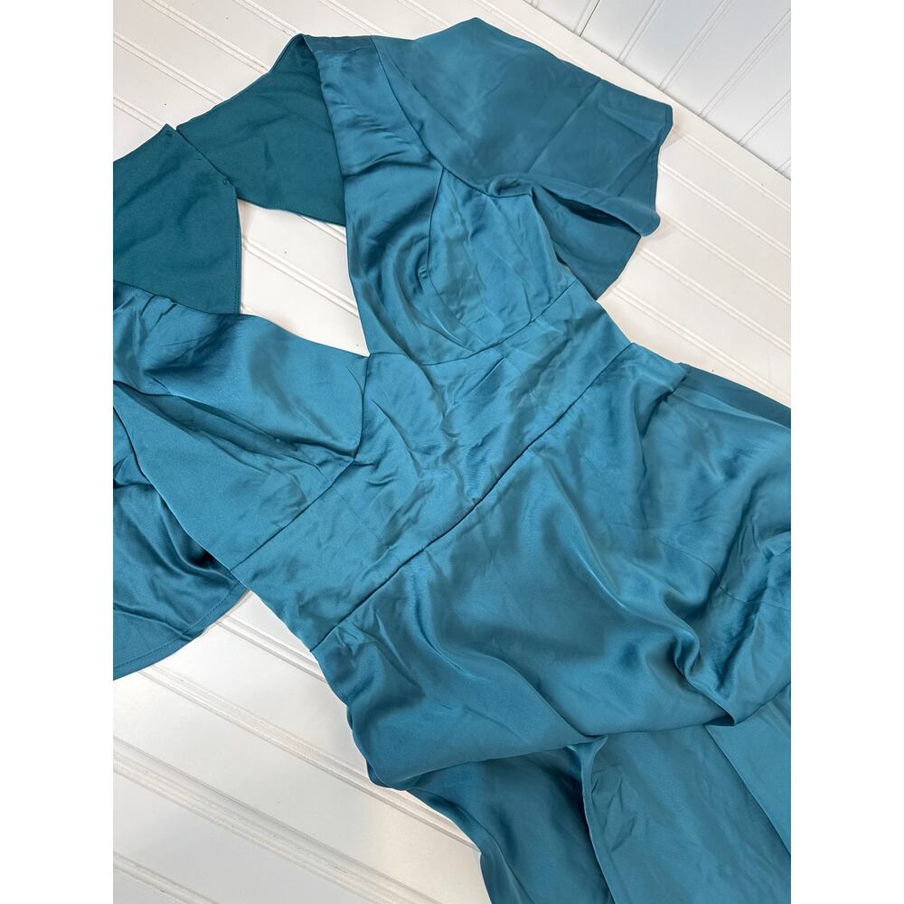 NWT Lulus Elegant Confidence Teal Satin Flutter Sleeve Cutout Maxi Dress Size XL - Picture 6 of 6